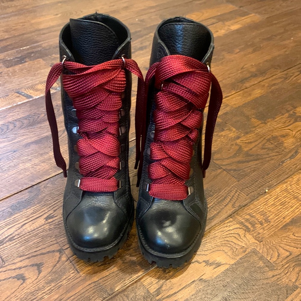 Black heeled Shutz Zara boots for sale. Boots come with red and black laces.